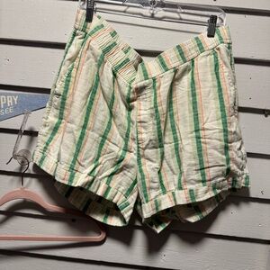 Women's Cream Stripe Linen-Blend Shorts with Green & Peach Stripes